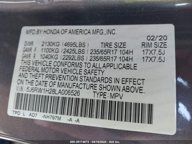 Honda Cr-v 2wd Lx 2020 5J6RW1H28LA006526 Image 9
