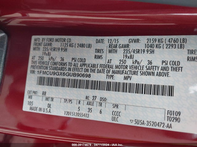 Ford ESCAPE SE 2016 1FMCU9GX6GUB90698 Image 9