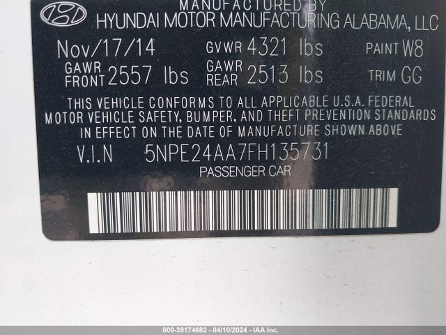 Hyundai SONATA ECO 2015 5NPE24AA7FH135731 Image 9