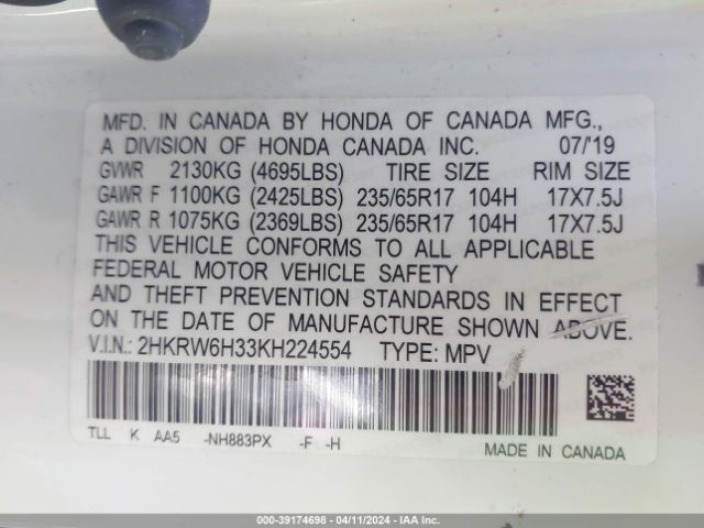 2HKRW6H33KH224554 Honda CR-V LX