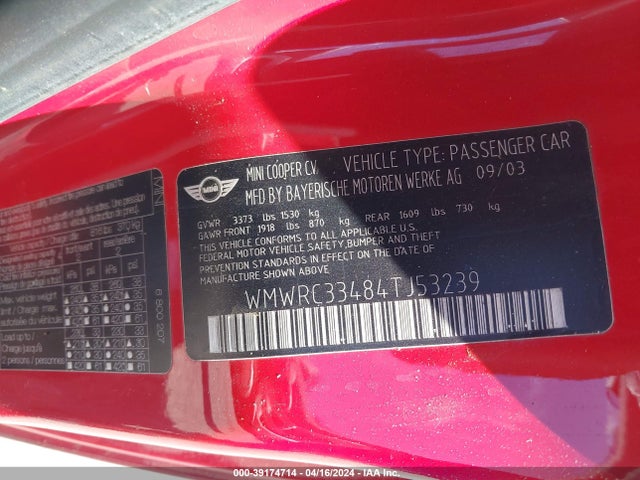 2004 MINI COOPER WMWRC33484TJ53239 Photo 8