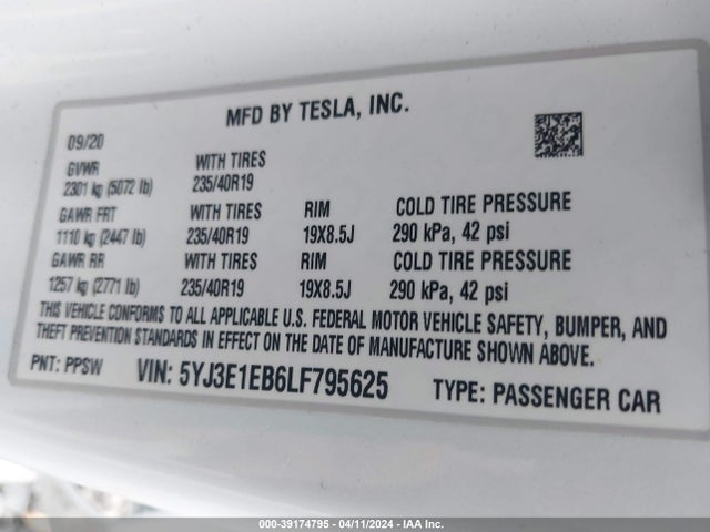 Tesla Model 3 Long Range Dual Motor All-wheel Drive 2020 5YJ3E1EB6LF795625 Image 9