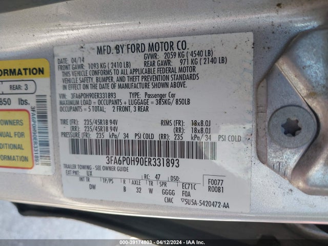 Ford FUSION SE 2014 3FA6P0H90ER331893 Image 9