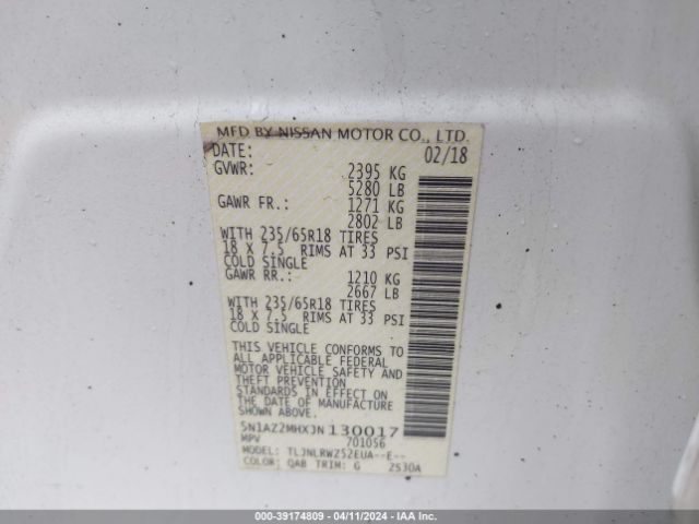 5N1AZ2MHXJN130017 Nissan MURANO SL