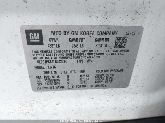 Chevrolet Trax Awd Lt 2020 KL7CJPSB1LB042684 Image 9