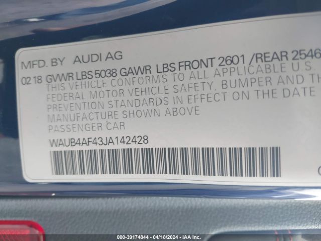 WAUB4AF43JA142428 Audi S4 3.0t Premium Plus