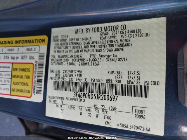 Ford FUSION SE 2018 3FA6P0HD5JR200697 Image 9