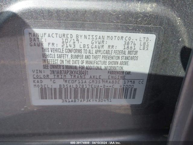Nissan SENTRA SV 2019 3N1AB7AP3KY430491 Image 9