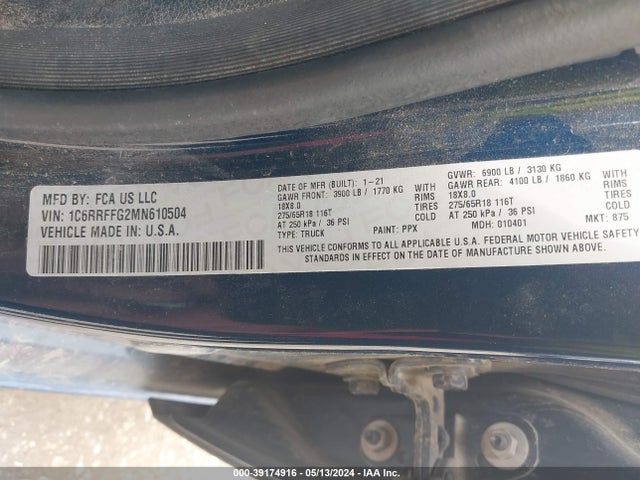 RAM 1500 Big Horn  4x4 5'7 Box 2021 1C6RRFFG2MN610504 Image 9