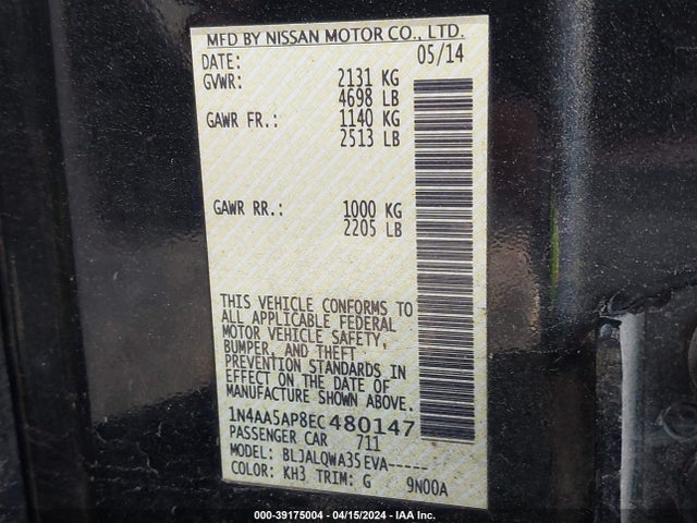 Nissan Maxima 3.5 S 2014 1N4AA5AP8EC480147 Image 9