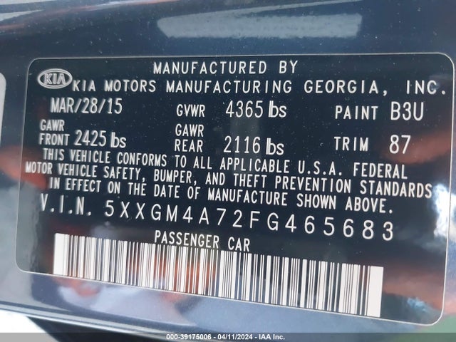 KIA Optima Lx 2015 5XXGM4A72FG465683 Image 9