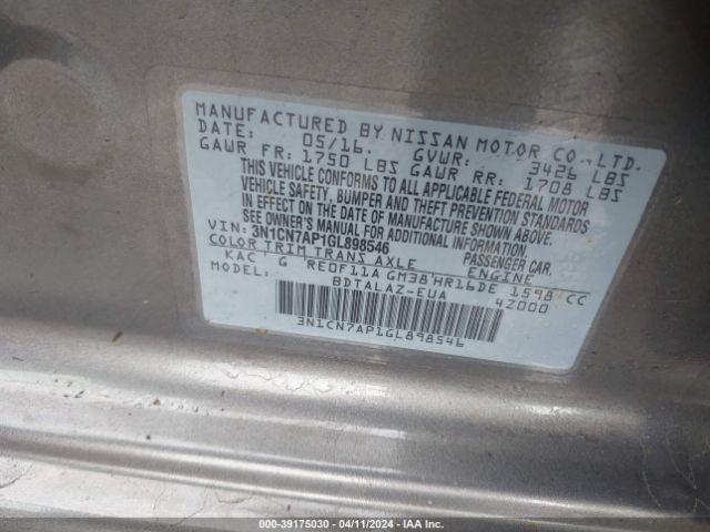3N1CN7AP1GL898546 Nissan Versa 1.6 S+