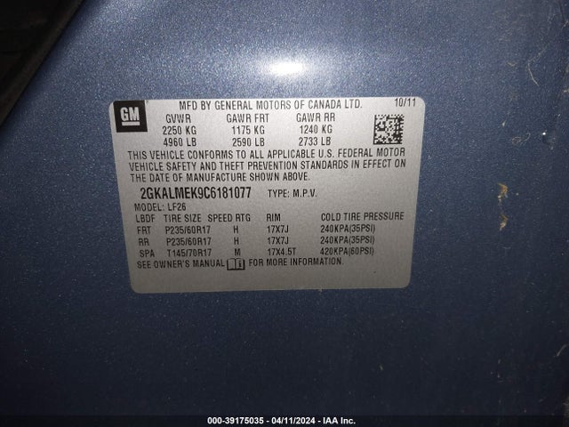 Продажа на аукционе авто 2012 Gmc Terrain Sle-1, vin: 2GKALMEK9C6181077, номер лота: 39175035
