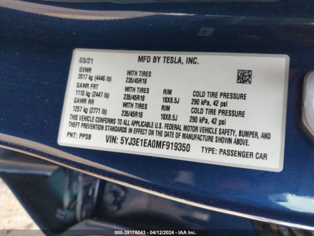 5YJ3E1EA0MF919350 Tesla Model 3 Standard Range Plus Rear-wheel Drive