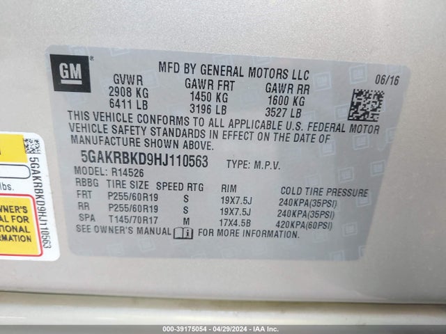 5GAKRBKD9HJ110563 Buick Enclave Leather