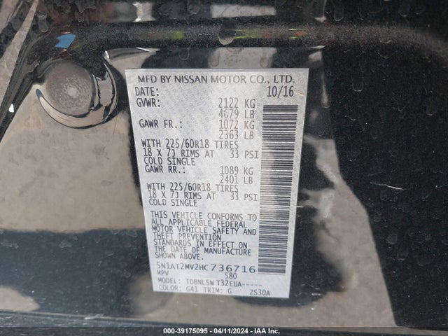 Nissan Rogue Sl 2017 5N1AT2MV2HC736716 Image 9