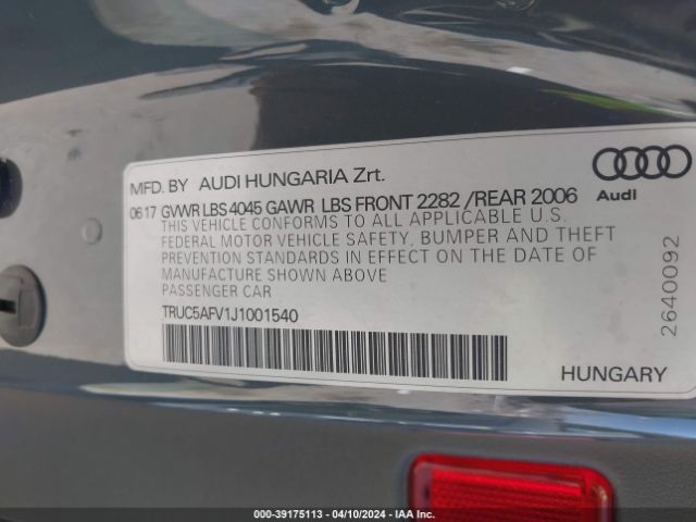 TRUC5AFV1J1001540 Audi Tt 2.0t