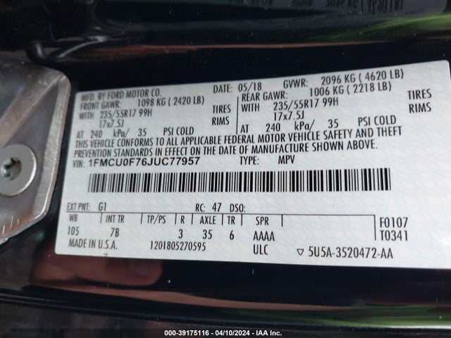 Ford ESCAPE S 2018 1FMCU0F76JUC77957 Image 9