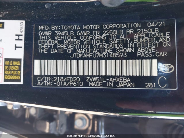 Toyota Prius Le 2021 JTDKAMFU7M3148593 Image 9