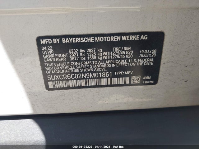 BMW X5 Xdrive40i 2022 5UXCR6C02N9M01861 Image 9