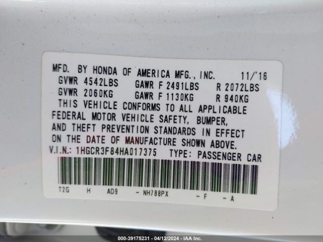 1HGCR3F84HA017375 Honda Accord Ex-l V6