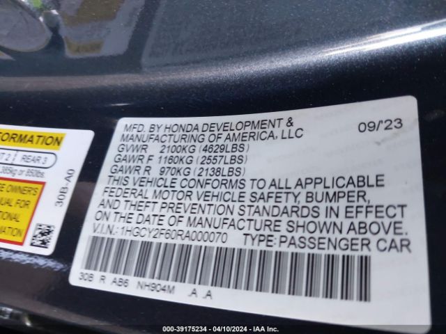 1HGCY2F60RA000070 Honda Accord Hybrid Ex-l