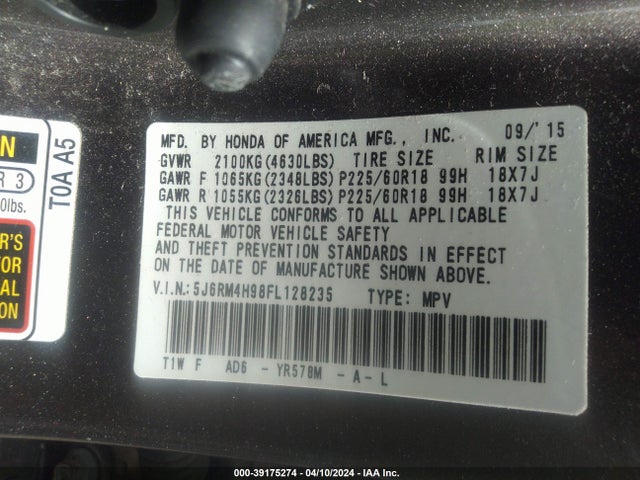 Honda Cr-v Touring 2015 5J6RM4H98FL128235 Image 9