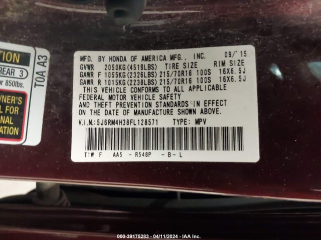 Honda CR-V LX 2015 5J6RM4H38FL128571 Image 9