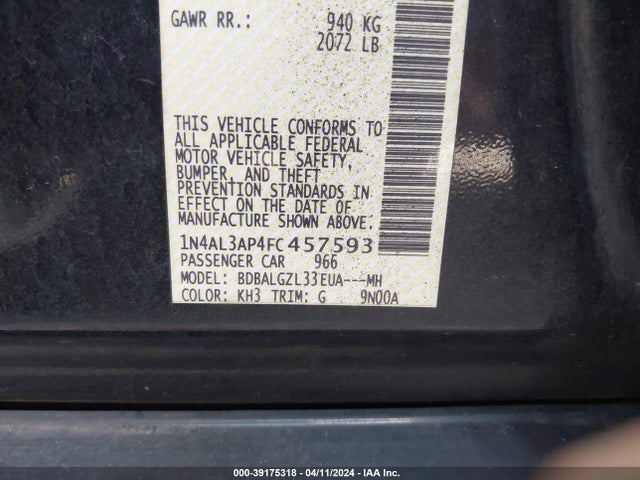Nissan Altima 2.5 S 2015 1N4AL3AP4FC457593 Image 9