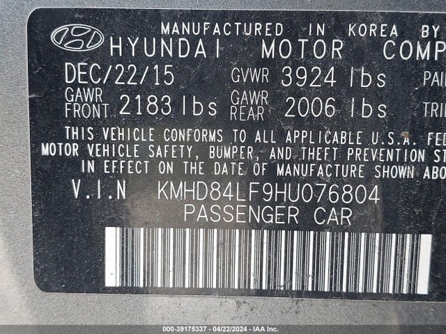 39175337 :رقم المزاد ، KMHD84LF9HU076804 vin ، 2017 Hyundai Elantra Limited مزاد بيع