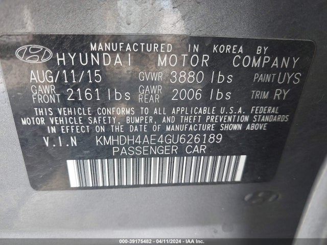 Hyundai Elantra Value Edition 2016 KMHDH4AE4GU626189 Image 9