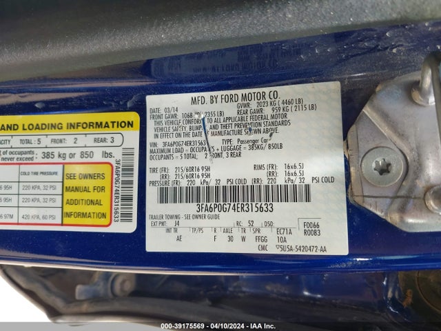 Ford FUSION S 2014 3FA6P0G74ER315633 Image 9