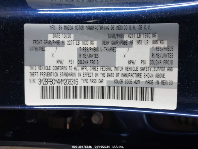 3MZBPBCM4MM208316 Mazda Mazda3 Preferred