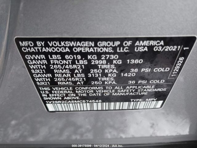 1V2SR2CA5MC574546 Volkswagen Atlas 3.6l V6 Sel R-line