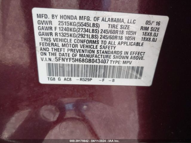 5FNYF5H68GB043407 Honda Pilot Ex-l