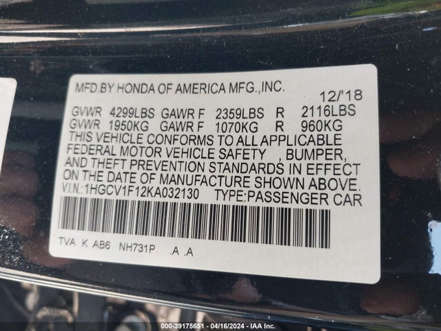 Honda ACCORD LX 2019 1HGCV1F12KA032130 Image 9