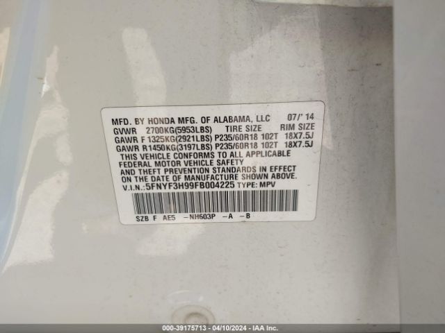 5FNYF3H99FB004225 Honda Pilot Touring