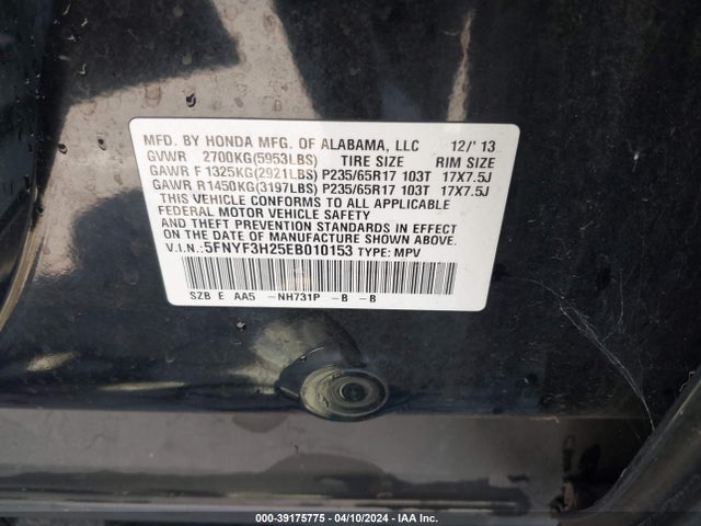 Honda PILOT LX 2014 5FNYF3H25EB010153 Image 9