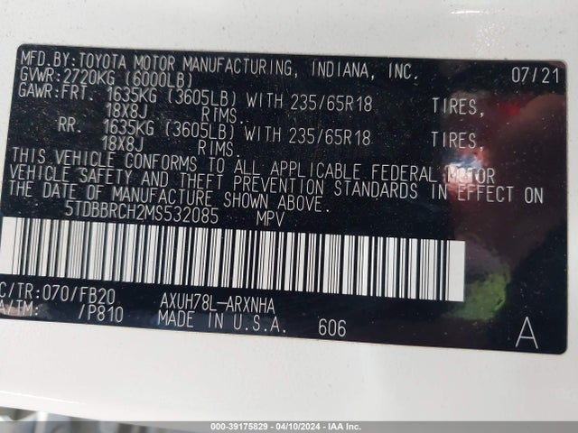 Toyota Highlander Hybrid Le 2021 5TDBBRCH2MS532085 Image 9