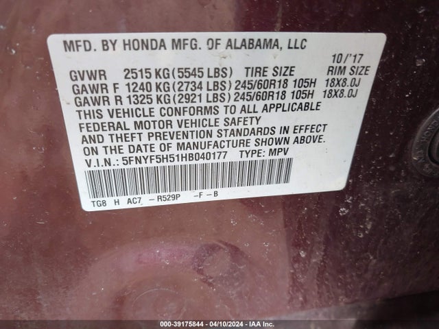 Honda Pilot Ex-l 2017 5FNYF5H51HB040177 Image 9