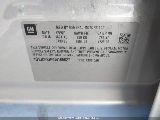 Chevrolet Sonic Lt Auto 2016 1G1JC5SH6G4166627 Image 9