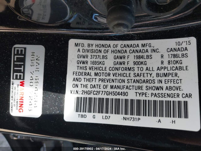 Honda CIVIC EX 2016 2HGFC2F77GH504490 Image 9