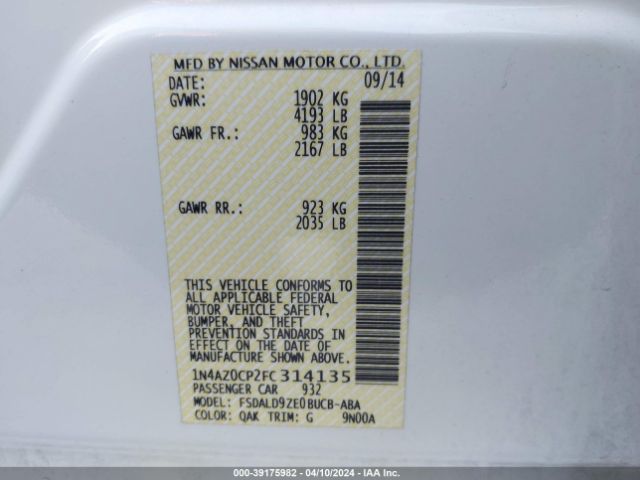 1N4AZ0CP2FC314135 Nissan LEAF SV