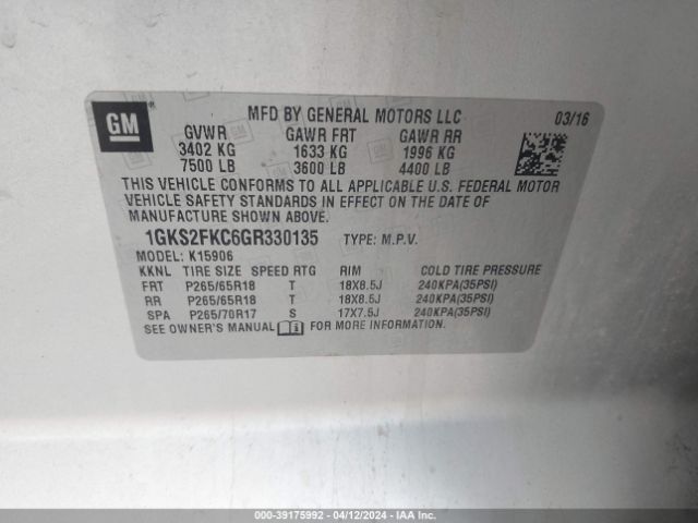 1GKS2FKC6GR330135 GMC Yukon Xl Sle