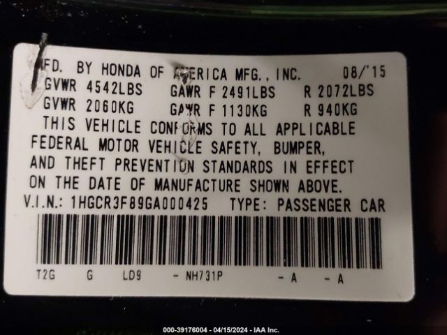 1HGCR3F89GA000425 Honda Accord Ex-l V-6