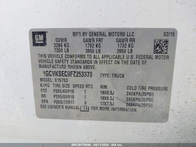 Chevrolet Silverado 1500 1lz 2015 1GCVKSEC9FZ253370 Image 9