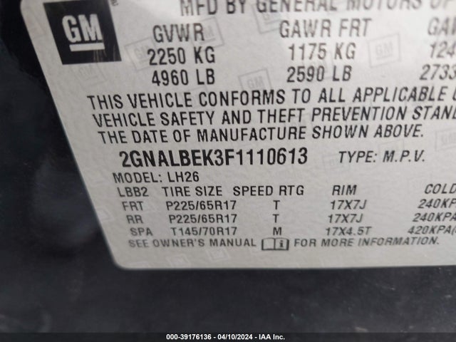 Chevrolet EQUINOX 1LT 2015 2GNALBEK3F1110613 Image 9