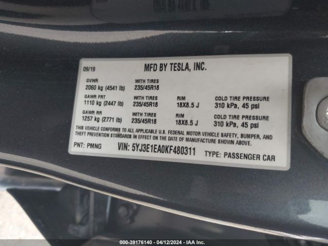 5YJ3E1EA0KF480311 Tesla Model 3 Long Range/mid Range/standard Range/standard Range Plus