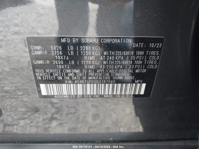 4S4BTGPD0R3187040 Subaru Outback Touring Xt