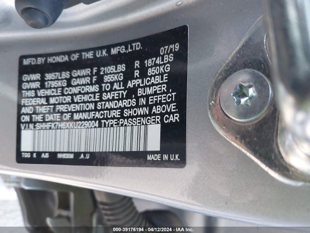 Honda CIVIC EX 2019 SHHFK7H6XKU229004 Image 9